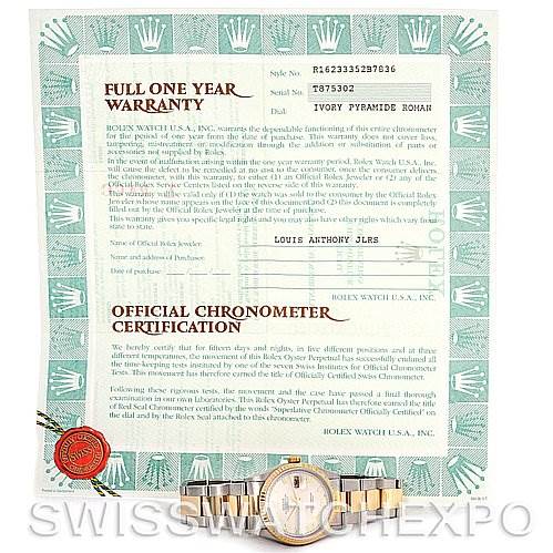 The image shows a Rolex Datejust 16233 Men's Steel and Gold (two tone) Beige Dial 16233 Men's Steel and Gold (two tone) Beige Dial watch placed below its full one-year warranty and official chronometer certification.