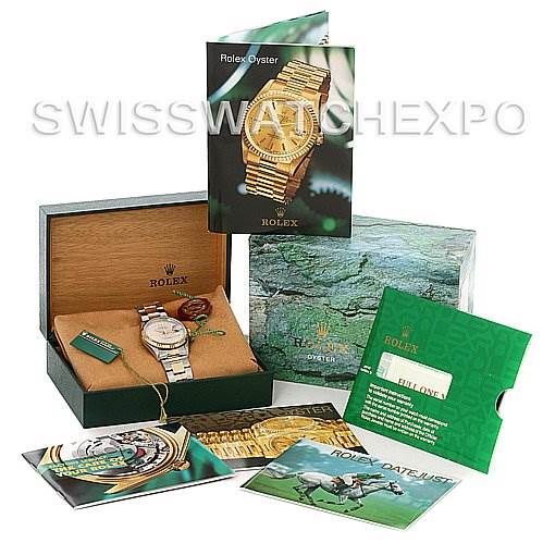 This image shows a Rolex Datejust 16233 Men's Steel and Gold (two tone) Beige Dial 16233 Men's Steel and Gold (two tone) Beige Dial watch with its box, tag, manual, warranty card, and brochures arranged around it.