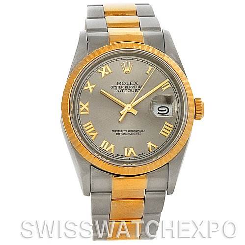 The Rolex Datejust 16233 Men's Steel and Gold (two tone) Grey Dial 16233 Men's Steel and Gold (two tone) Grey Dial watch is shown from a front angle, displaying its dial, bezel, hands, date window, and part of the bracelet.