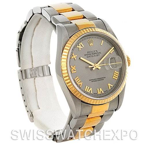 This image shows a Rolex Datejust 16233 Men's Steel and Gold (two tone) Grey Dial 16233 Men's Steel and Gold (two tone) Grey Dial watch at an angled view, displaying the face, bezel, and bracelet.