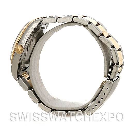 The image shows a side view of a Rolex Datejust 16233 Men's Steel and Gold (two tone) Grey Dial 16233 Men's Steel and Gold (two tone) Grey Dial watch focusing on the bracelet, clasp, and crown.