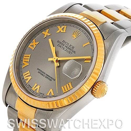 The image shows a Rolex Datejust 16233 Men's Steel and Gold (two tone) Grey Dial 16233 Men's Steel and Gold (two tone) Grey Dial watch at an angled view, highlighting its dial, bezel, and part of the bracelet.