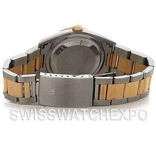 This image shows a rear view of the Rolex Datejust 16233 Men's Steel and Gold (two tone) Grey Dial 16233 Men's Steel and Gold (two tone) Grey Dial watch, highlighting its two-tone bracelet and closed clasp.