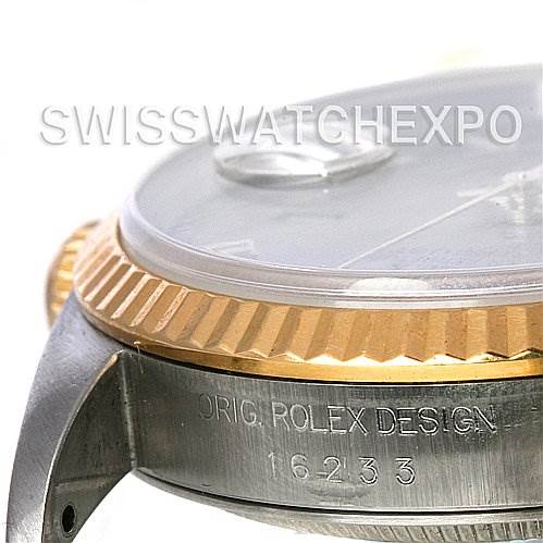 This image shows a close-up of the side, bezel, and lug of a Rolex Datejust 16233 Men's Steel and Gold (two tone) Grey Dial 16233 Men's Steel and Gold (two tone) Grey Dial watch, highlighting the model number 16233.