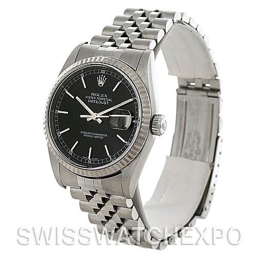 The image shows a Rolex Datejust 16234 Men's Stainless Steel Black Dial 16234 Men's Stainless Steel Black Dial watch at a three-quarter angle, showcasing the dial, bezel, and part of the bracelet.