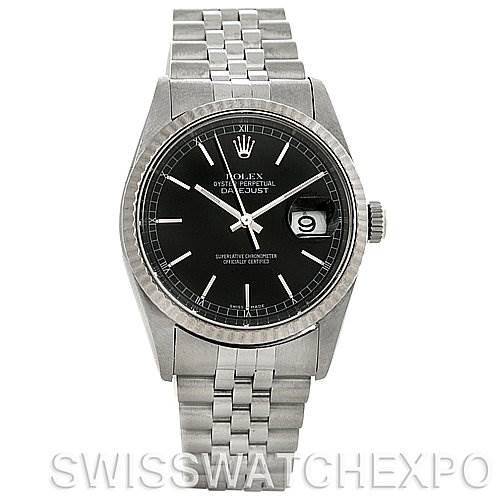 This image shows a frontal view of a Rolex Datejust 16234 Men's Stainless Steel Black Dial 16234 Men's Stainless Steel Black Dial model watch, highlighting the black dial, date window, bezel, and metal bracelet.
