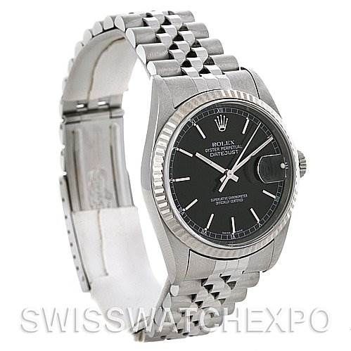 The image shows a side angle of a Rolex Datejust 16234 Men's Stainless Steel Black Dial 16234 Men's Stainless Steel Black Dial watch, highlighting the bezel, dial, and bracelet.