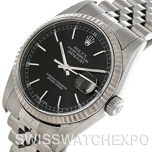 This image shows a close-up, angled view of the Rolex Datejust 16234 Men's Stainless Steel Black Dial 16234 Men's Stainless Steel Black Dial watch, highlighting the face, bezel, and a portion of the bracelet.