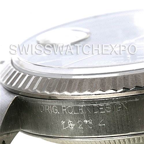 Close-up angle of the bezel and case sides, showing the "ORIG. ROLEX DESIGN" engraving on a Rolex Datejust 16234 Men's Stainless Steel Black Dial 16234 Men's Stainless Steel Black Dial watch.