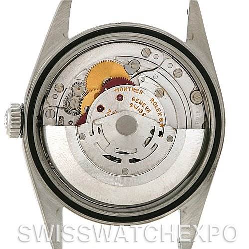 The image shows the internal mechanism of a Rolex Datejust 16234 Men's Stainless Steel Black Dial 16234 Men's Stainless Steel Black Dial watch from a rear angle with the case back removed.