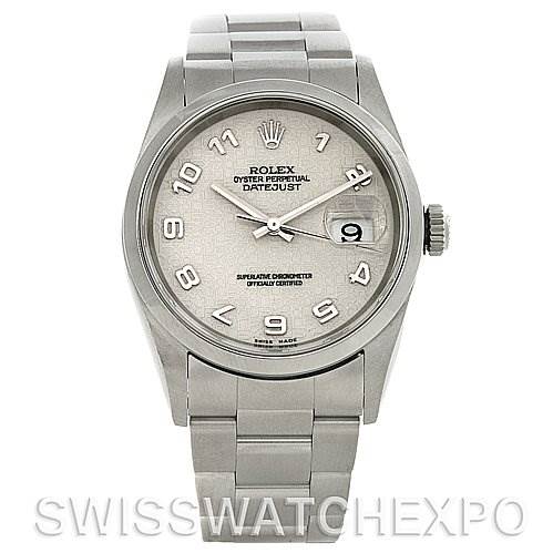 The image shows a Rolex Datejust 16200 Men's Stainless Steel Beige Dial 16200 Men's Stainless Steel Beige Dial watch from a front angle, displaying the dial, bracelet, and crown.