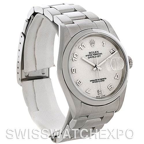 The image shows a front-side angle of the Rolex Datejust 16200 Men's Stainless Steel Beige Dial 16200 Men's Stainless Steel Beige Dial watch, displaying its bracelet, crown, dial, and date magnification.