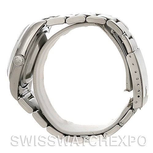 This image shows a Rolex Datejust 16200 Men's Stainless Steel Beige Dial 16200 Men's Stainless Steel Beige Dial watch from a side view, highlighting its bracelet and partially the case and clasp.