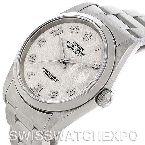 The image shows a side angle of a Rolex Datejust 16200 Men's Stainless Steel Beige Dial 16200 Men's Stainless Steel Beige Dial, highlighting the face, bezel, crown, and bracelet.