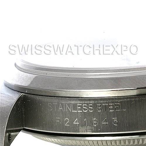 The image shows a close-up of the stainless steel case side and serial number of a Rolex Datejust 16200 Men's Stainless Steel Beige Dial 16200 Men's Stainless Steel Beige Dial watch.