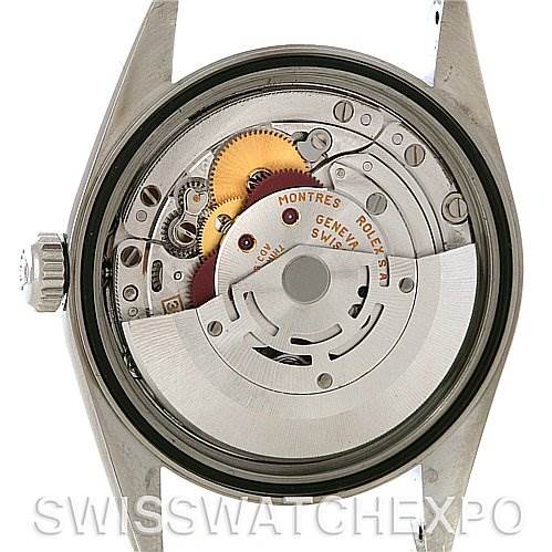 This image shows the open back of a Rolex Datejust 16200 Men's Stainless Steel Beige Dial 16200 Men's Stainless Steel Beige Dial watch, displaying its internal mechanical movement.