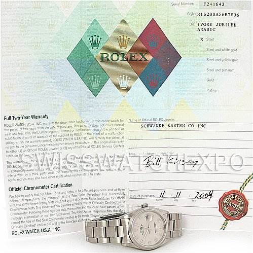 The image shows a Rolex Datejust 16200 Men's Stainless Steel Beige Dial 16200 Men's Stainless Steel Beige Dial watch from a front angle along with its warranty card, chronometer certification, and original packaging.