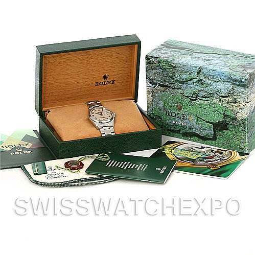 The image shows a Rolex Datejust 16200 Men's Stainless Steel Beige Dial 16200 Men's Stainless Steel Beige Dial watch with its box, papers, and accessories from a front angle.