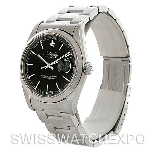 This image shows a Rolex Datejust 16200 Men's Stainless Steel Black Dial 16200 Men's Stainless Steel Black Dial watch from an angled side view, highlighting the watch face, bracelet, crown, and clasp.