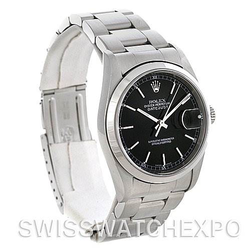 The image shows a Rolex Datejust 16200 Men's Stainless Steel Black Dial 16200 Men's Stainless Steel Black Dial watch at a three-quarter angle, highlighting the bracelet, case, black dial, and crown.