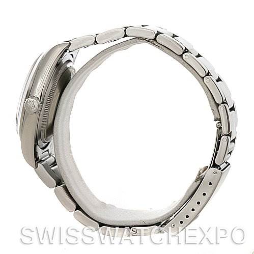 This side view of the Rolex Datejust 16200 Men's Stainless Steel Black Dial 16200 Men's Stainless Steel Black Dial watch showcases its bracelet, case, and crown.