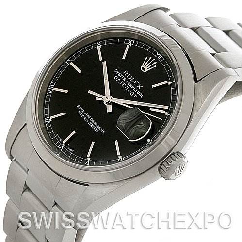 The image shows a Rolex Datejust 16200 Men's Stainless Steel Black Dial 16200 Men's Stainless Steel Black Dial watch at a three-quarter angle, highlighting the dial, bezel, crown, and part of the bracelet.