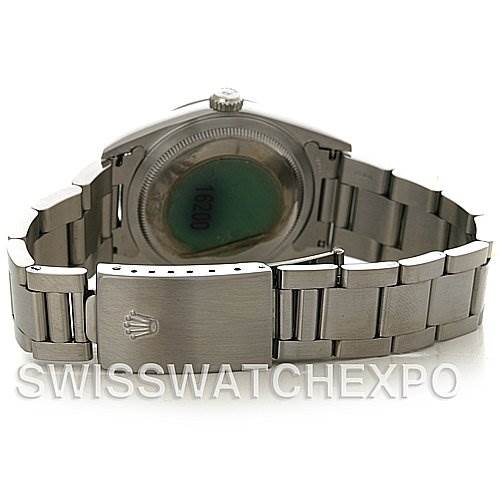 The image shows the case back and bracelet of a Rolex Datejust 16200 Men's Stainless Steel Black Dial 16200 Men's Stainless Steel Black Dial watch, viewed from the rear.