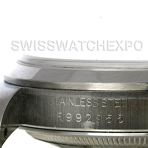 This image shows a close-up angle of the side of a Rolex Datejust 16200 Men's Stainless Steel Black Dial 16200 Men's Stainless Steel Black Dial watch, focusing on the serial number and stainless steel marking.