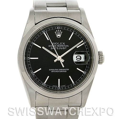 The image shows the front view of a Rolex Datejust 16200 Men's Stainless Steel Black Dial 16200 Men's Stainless Steel Black Dial watch, highlighting the dial, case, bracelet, and date window.