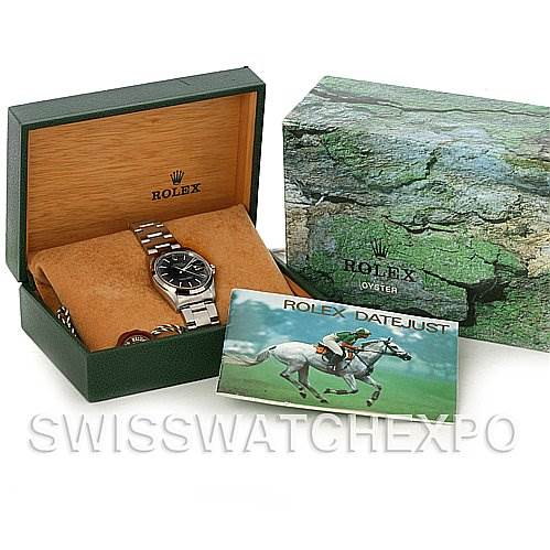The image shows a Rolex Datejust 16200 Men's Stainless Steel Black Dial 16200 Men's Stainless Steel Black Dial watch inside its open box, alongside the exterior box and a Rolex Datejust 16200 Men's Stainless Steel Black Dial 16200 Men's Stainless Steel Black Dial booklet.