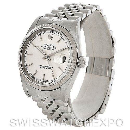 This image shows a Rolex Datejust 16234 Men's Stainless Steel Silver Dial 16234 Men's Stainless Steel Silver Dial watch from an angled perspective, highlighting the dial, bezel, and bracelet.