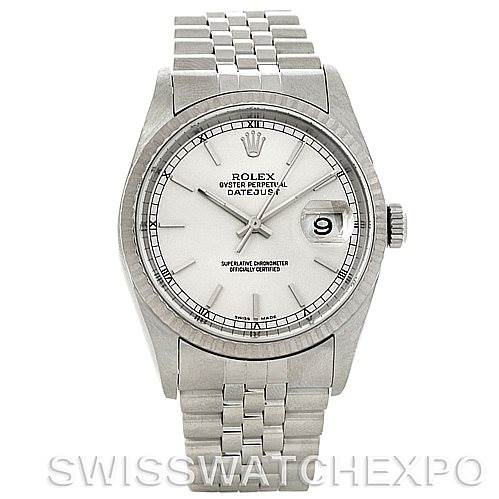 The image shows a front view of a Rolex Datejust 16234 Men's Stainless Steel Silver Dial 16234 Men's Stainless Steel Silver Dial watch, highlighting the face, dial, bracelet, and date window.