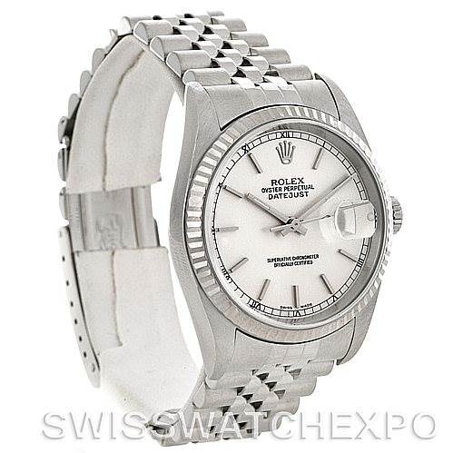 The image shows a side angle of the Rolex Datejust 16234 Men's Stainless Steel Silver Dial 16234 Men's Stainless Steel Silver Dial watch, displaying its bracelet, case, and dial with cyclops lens.