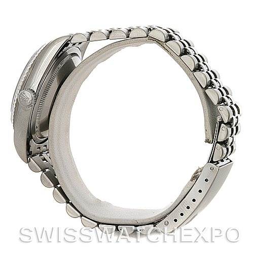 This side view of the Rolex Datejust 16234 Men's Stainless Steel Silver Dial 16234 Men's Stainless Steel Silver Dial shows the crown, bezel, and bracelet in detail.