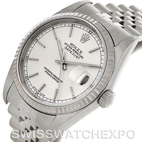 This Rolex Datejust 16234 Men's Stainless Steel Silver Dial 16234 Men's Stainless Steel Silver Dial watch is shown from an angled top view, highlighting the dial, bezel, crown, and part of the bracelet.
