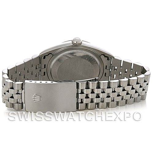 This Rolex Datejust 16234 Men's Stainless Steel Silver Dial 16234 Men's Stainless Steel Silver Dial watch is shown from the back, highlighting the case, crown, and Jubilee bracelet with the clasp visible.