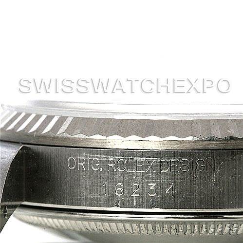 This image shows a close-up side view of the casing and engraved model number (16234) of the Rolex Datejust 16234 Men's Stainless Steel Silver Dial 16234 Men's Stainless Steel Silver Dial watch.