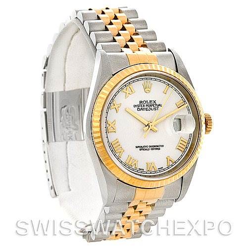 This image shows a Rolex Datejust 16233 Men's Steel and Gold (two tone) White Dial 16233 Men's Steel and Gold (two tone) White Dial watch at an angle emphasizing its face, two-tone bracelet, and bezel.
