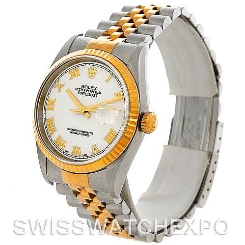 This image shows a Rolex Datejust 16233 Men's Steel and Gold (two tone) White Dial 16233 Men's Steel and Gold (two tone) White Dial watch at an angle highlighting the face, bezel, and two-tone bracelet.