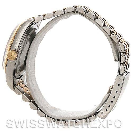 This image shows a side view of the Rolex Datejust 16233 Men's Steel and Gold (two tone) White Dial 16233 Men's Steel and Gold (two tone) White Dial watch, highlighting the case, crown, and the Jubilee bracelet with a bicolor design.