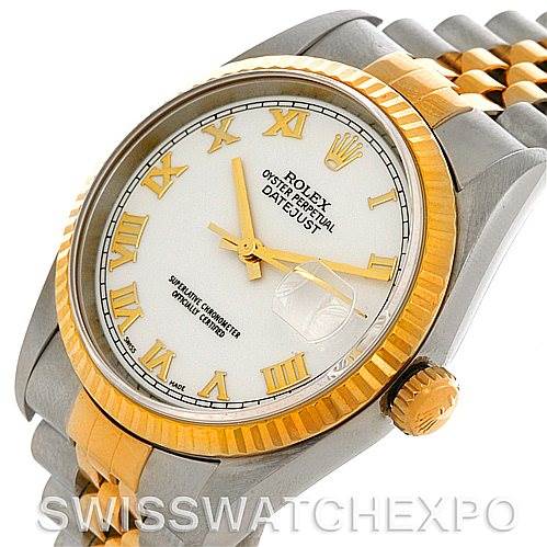 This image shows a close-up, angled view of the Rolex Datejust 16233 Men's Steel and Gold (two tone) White Dial 16233 Men's Steel and Gold (two tone) White Dial watch, highlighting the dial, bezel, crown, and part of the bracelet.