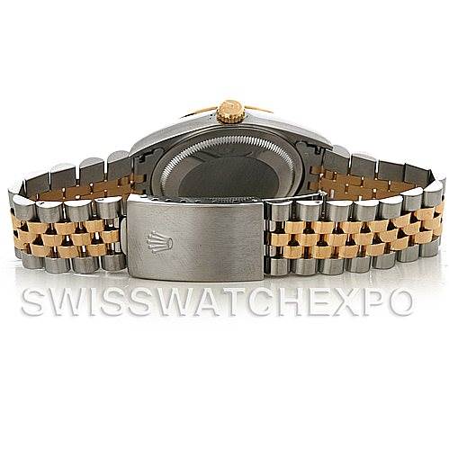 This image shows the back and bracelet of a Rolex Datejust 16233 Men's Steel and Gold (two tone) White Dial 16233 Men's Steel and Gold (two tone) White Dial watch, highlighting the two-tone Jubilee bracelet and clasp.