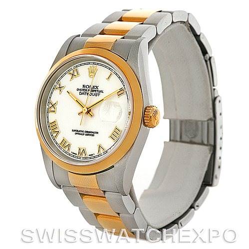 The image shows a Rolex Datejust 16203 Men's Steel and Gold (two tone) White Dial 16203 Men's Steel and Gold (two tone) White Dial watch viewed from an angled perspective, highlighting the face, bezel, and part of the bracelet.
