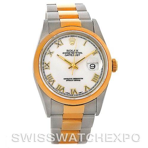 The image shows a front view of a Rolex Datejust 16203 Men's Steel and Gold (two tone) White Dial 16203 Men's Steel and Gold (two tone) White Dial watch, highlighting its face, bezel, and bracelet.