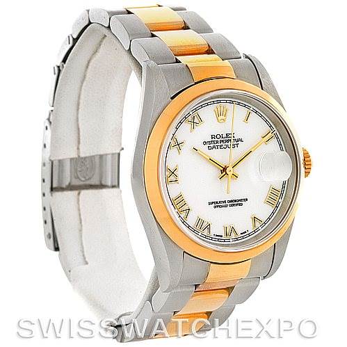 This image shows a side angle of a Rolex Datejust 16203 Men's Steel and Gold (two tone) White Dial 16203 Men's Steel and Gold (two tone) White Dial watch featuring a two-tone metal bracelet, gold bezel, and white dial.