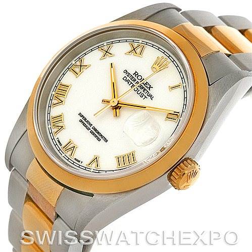 This image shows a Rolex Datejust 16203 Men's Steel and Gold (two tone) White Dial 16203 Men's Steel and Gold (two tone) White Dial watch angled slightly from above, displaying the face, bezel, crown, and part of the bracelet.