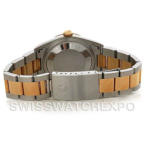 This image shows the back case and two-tone bracelet of a Rolex Datejust 16203 Men's Steel and Gold (two tone) White Dial 16203 Men's Steel and Gold (two tone) White Dial watch.