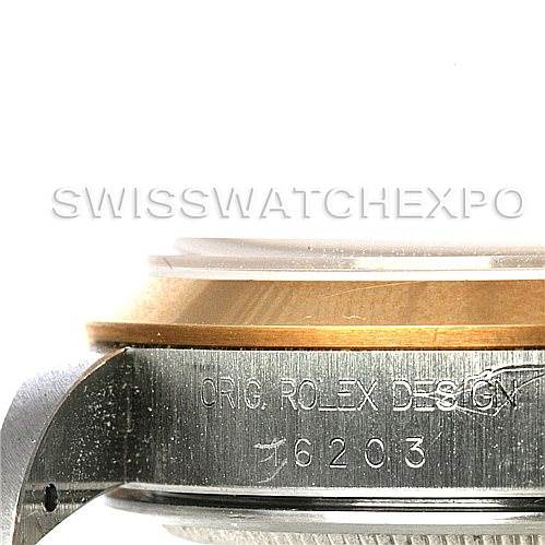 This image shows a close-up of the side of a Rolex Datejust 16203 Men's Steel and Gold (two tone) White Dial 16203 Men's Steel and Gold (two tone) White Dial watch case, displaying the model number 16203 and the engraving "ORIG. ROLEX DESIGN."