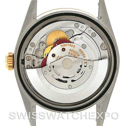 The image shows the back view of the Rolex Datejust 16203 Men's Steel and Gold (two tone) White Dial 16203 Men's Steel and Gold (two tone) White Dial, highlighting the internal movement components.