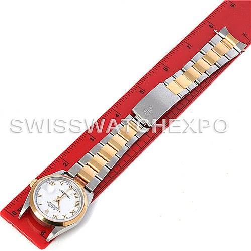 The Rolex Datejust 16203 Men's Steel and Gold (two tone) White Dial 16203 Men's Steel and Gold (two tone) White Dial watch is shown from a top-down angle, including the entire watch with the face, band, and clasp visible.